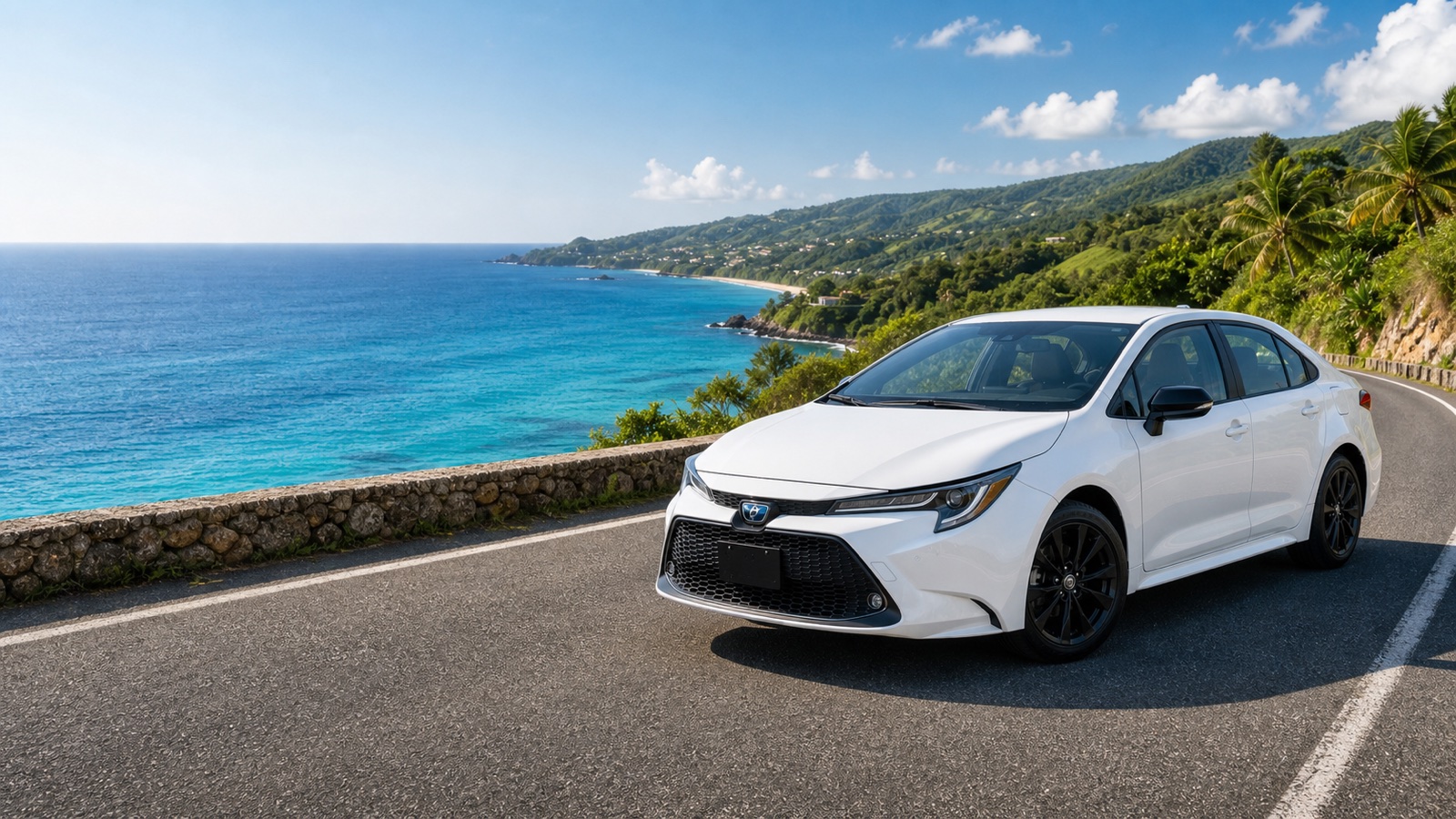 White Toyota Corolla rental vehicle on a Jamaica coastal road