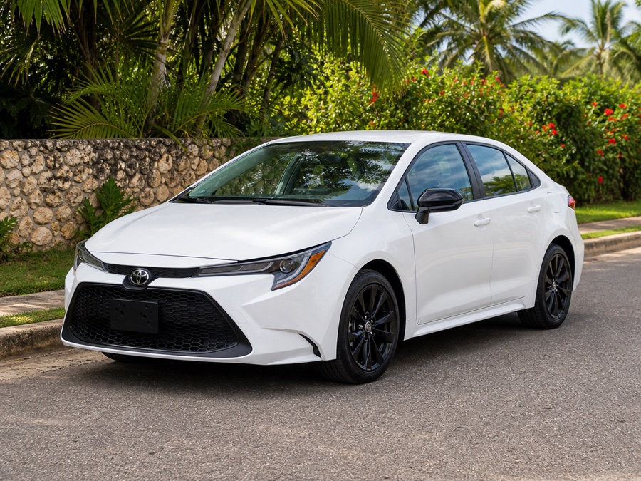 White 2020 Toyota Corolla sedan parked on a road beside tropical greenery